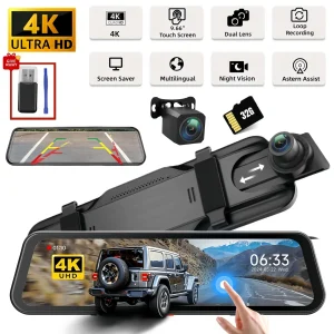 9.66"IPS Touch Screen  Cam Front and Rear, 4K Dual Recording, Night Vision,